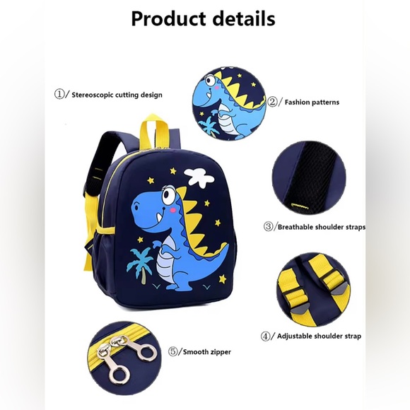 Mini Navy Blue Dinosaur Backpack - Toddlers, Preschool, Kindergarten, Etc. - Picture 3 of 11